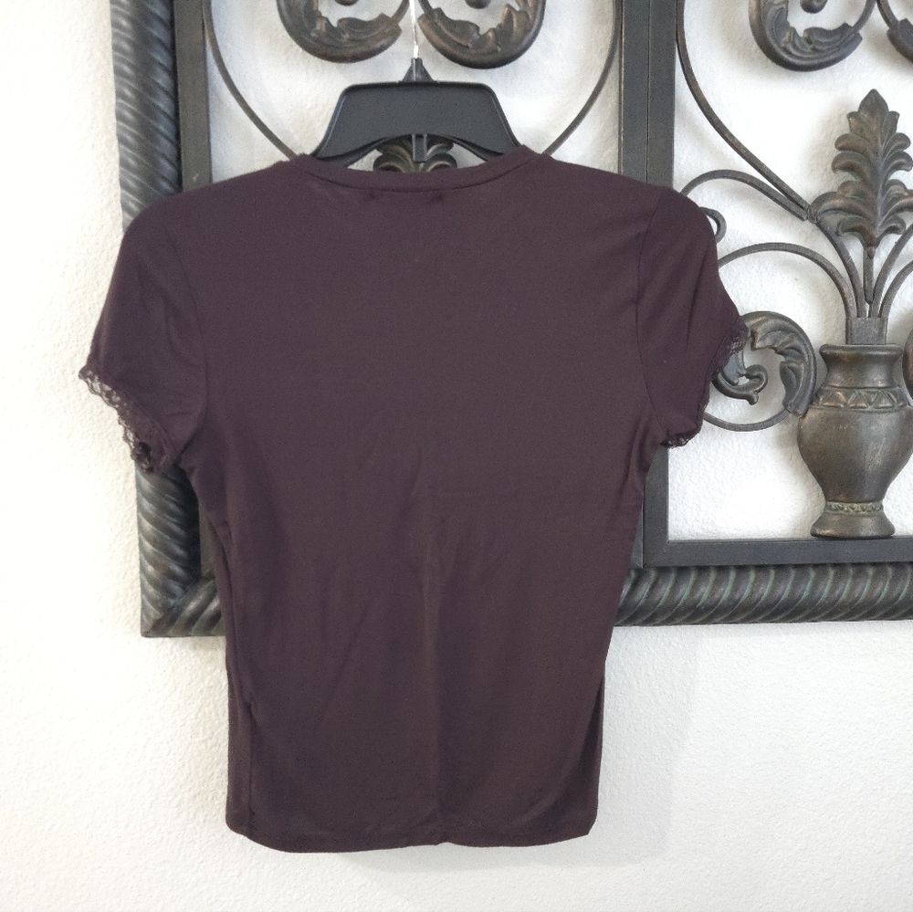 Ragdoll Y2K Chocolate Brown Graphic Tee with Lace Sleeves - Picture 6 of 8